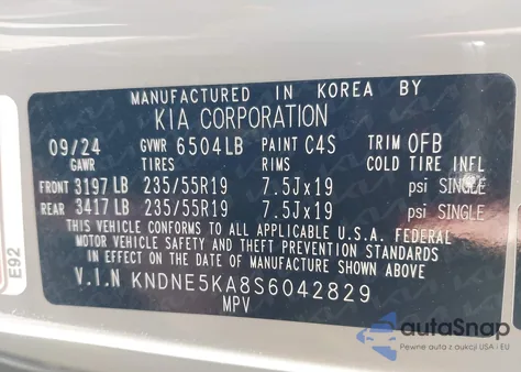 2025 Kia Carnival Mpv Hybrid Sx Prestige z USA, uszkodzony, nr VIN KNDNE5KA8S6042829